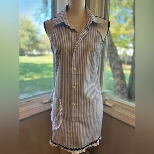 Hand crafted Mens Dress Shirt Kitchen Apron white blue Striped Eyelet Ric Rac